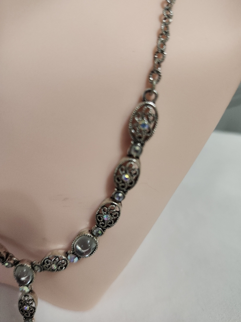 Avon Silver-Tone Ornate Filigree Drop Necklace with Clear Stones - Picture 6 of 6
